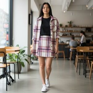 Womens 4 Shacket Shirt Jacket Mini Skirt 2pc‎ Outfit Preppy Pink Plaid Angelcore